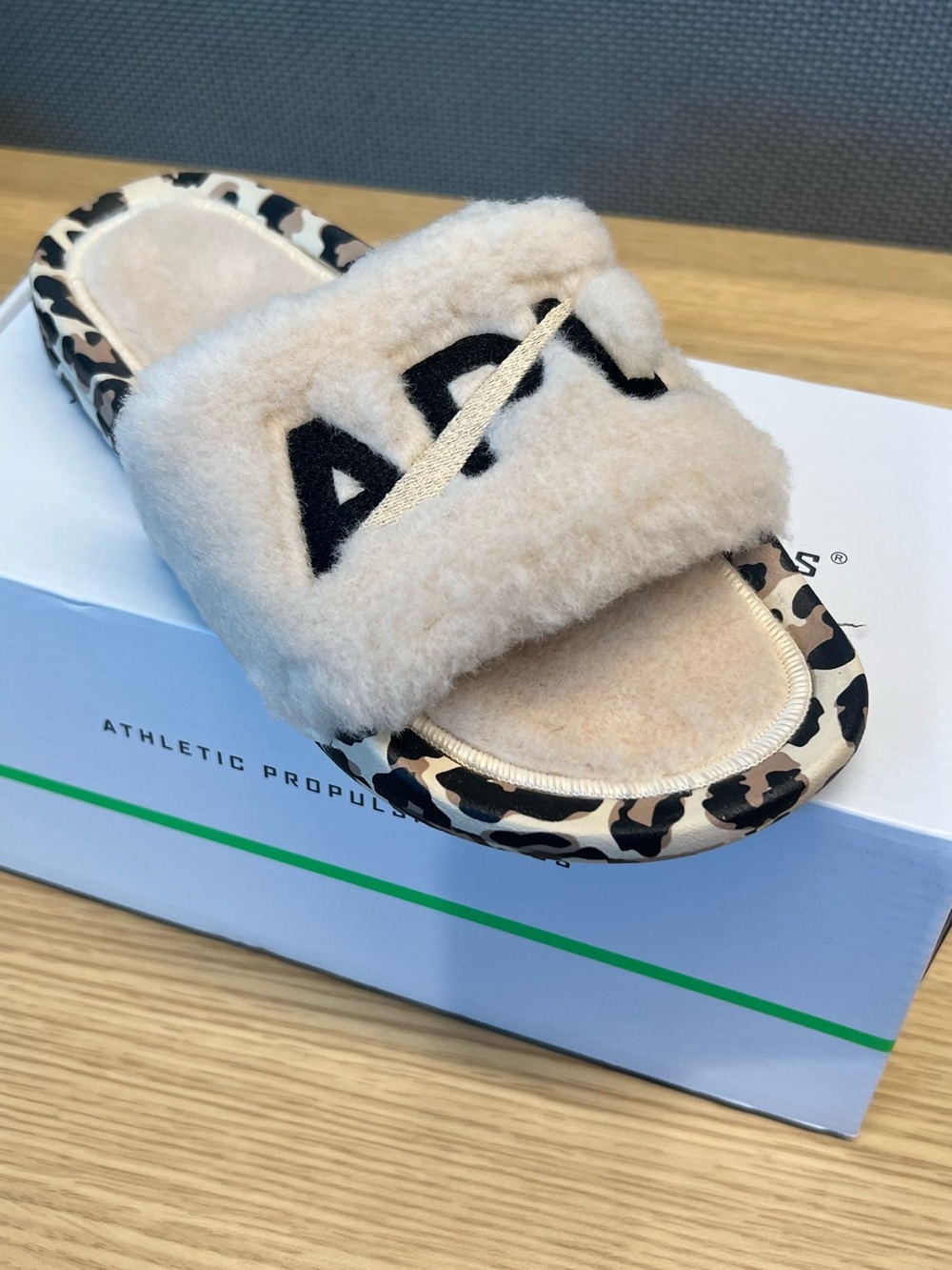 APL Shearling Slide in Cream with Black Leopard Accent